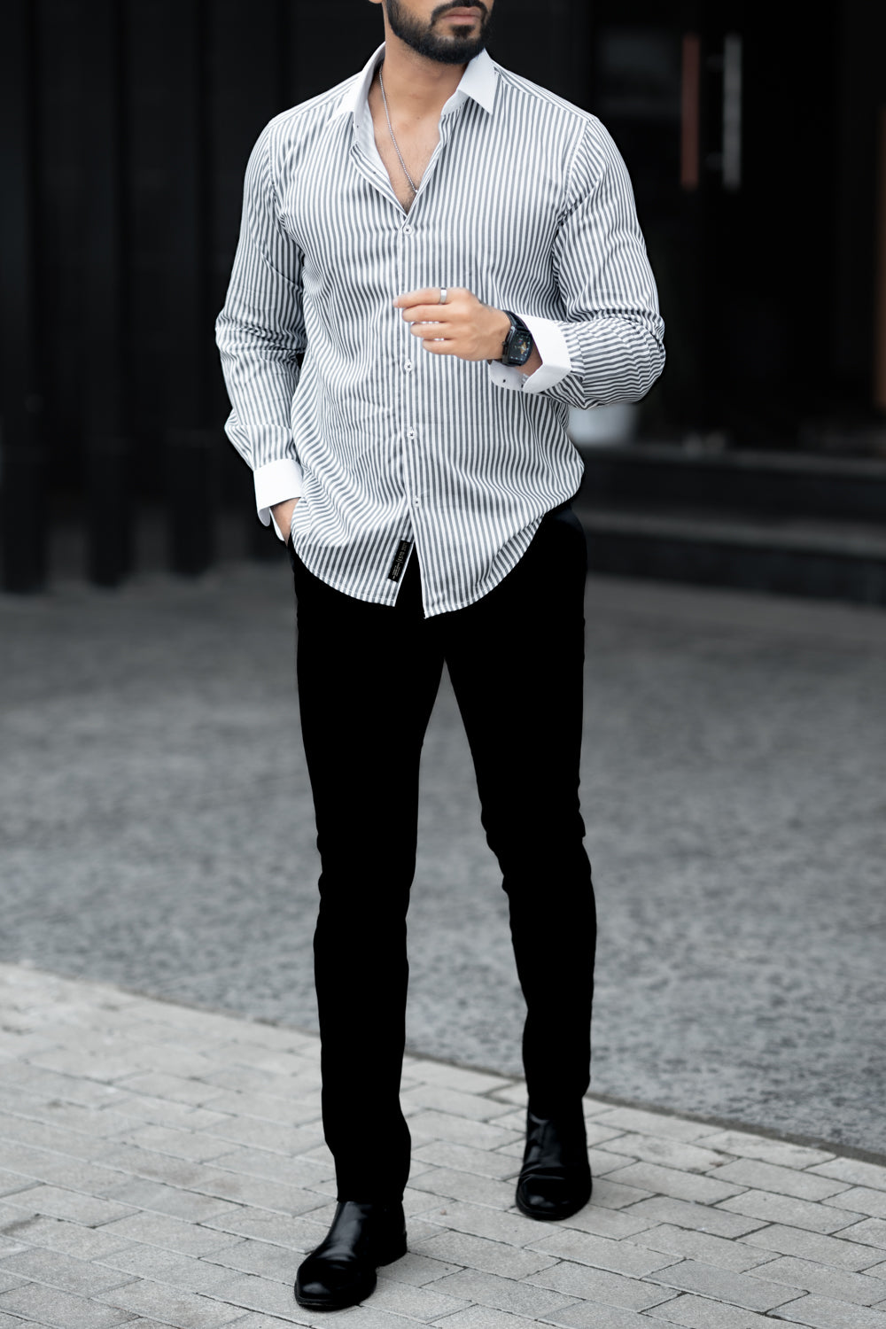 Sleek Grey Designer Striped Shirt