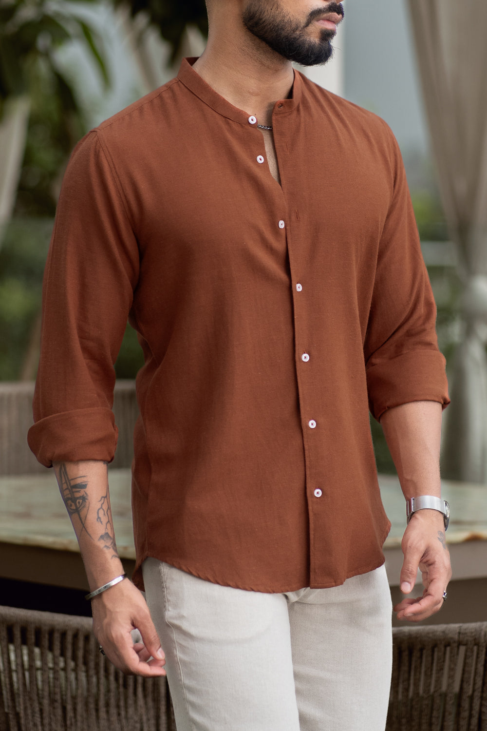 Caramel Mandarin Collar Shirt